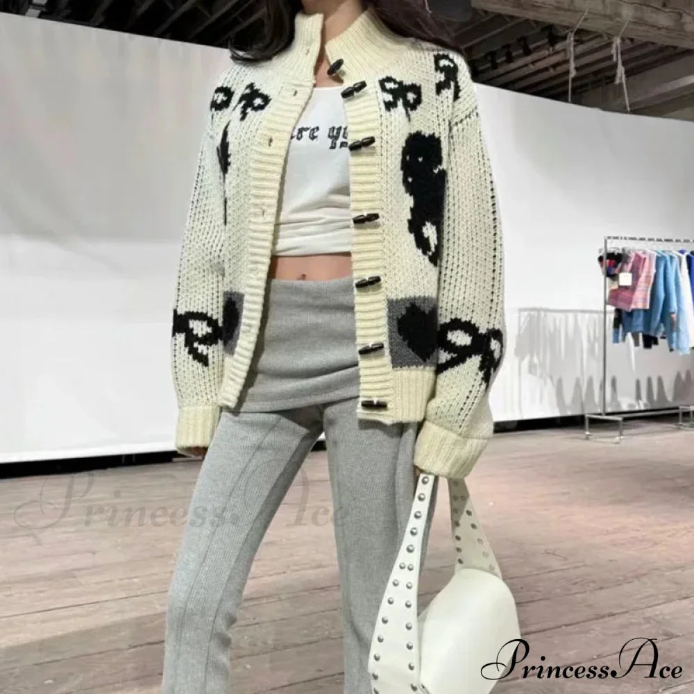 Bow Print Loose O-Neck Cardigan White / S Cardigan-241208