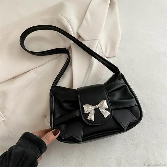 Bow PU Leather Casual Shoulder Handbag Black shoulder-250126