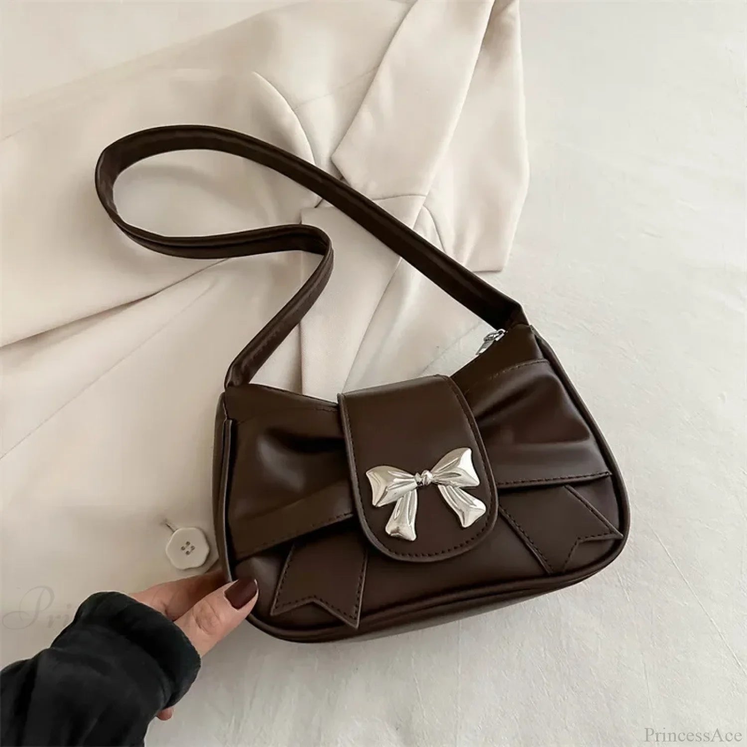 Bow PU Leather Casual Shoulder Handbag Brown shoulder-250126