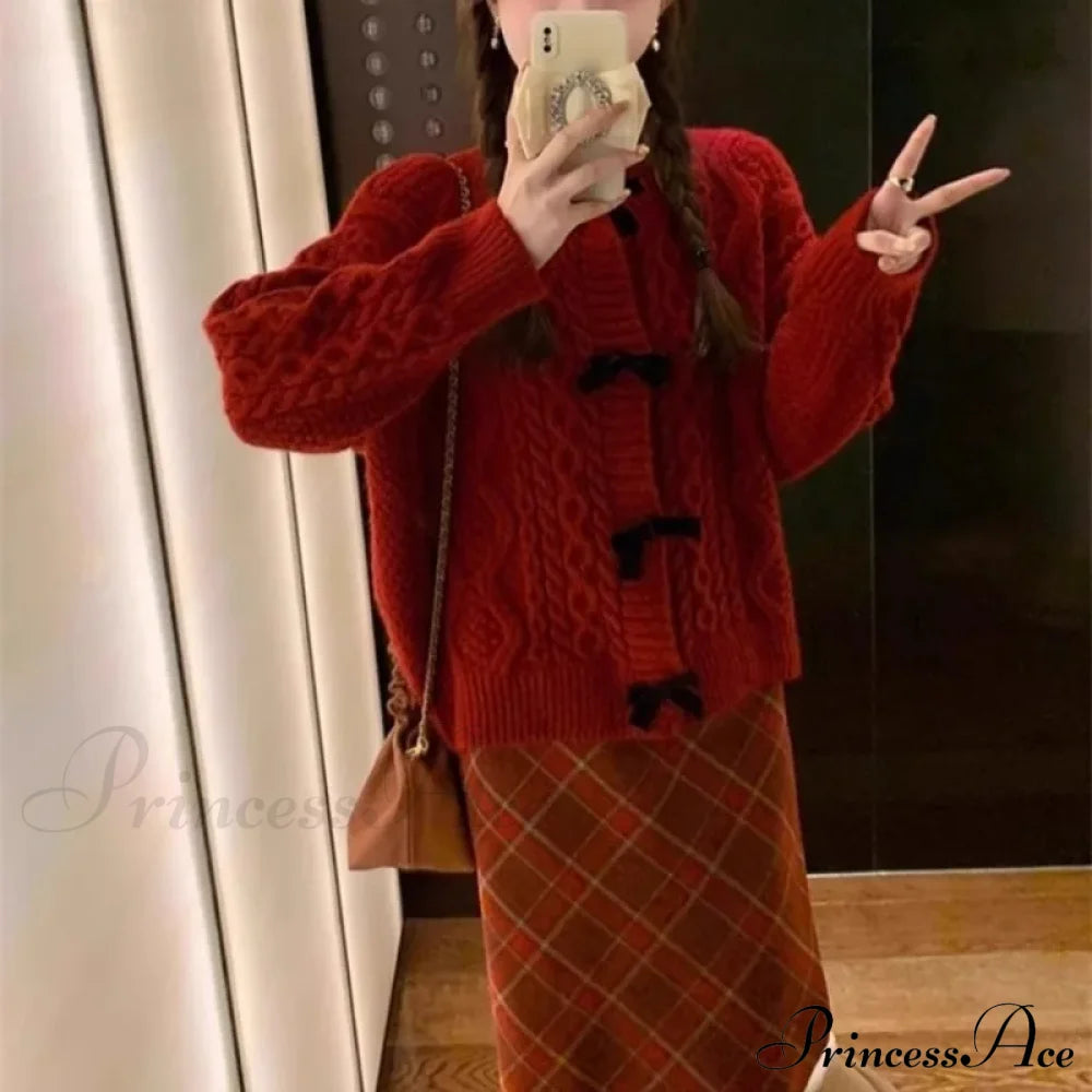 Bow Sweater Autumn Winter Knit Cardigan Cardigan-241208