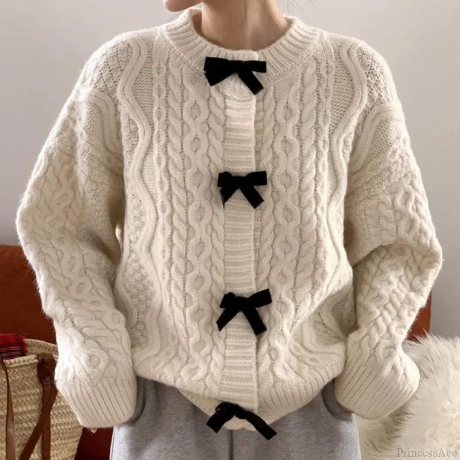 Bow Sweater Autumn Winter Knit Cardigan Beige / One Size Cardigan-241208