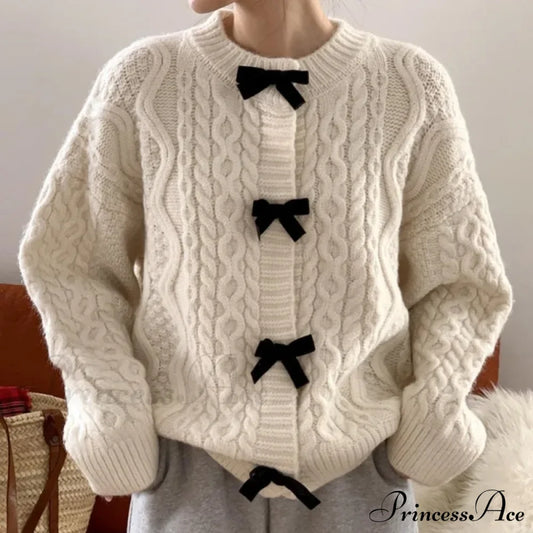 Bow Sweater Autumn Winter Knit Cardigan Beige / One Size Cardigan-241208