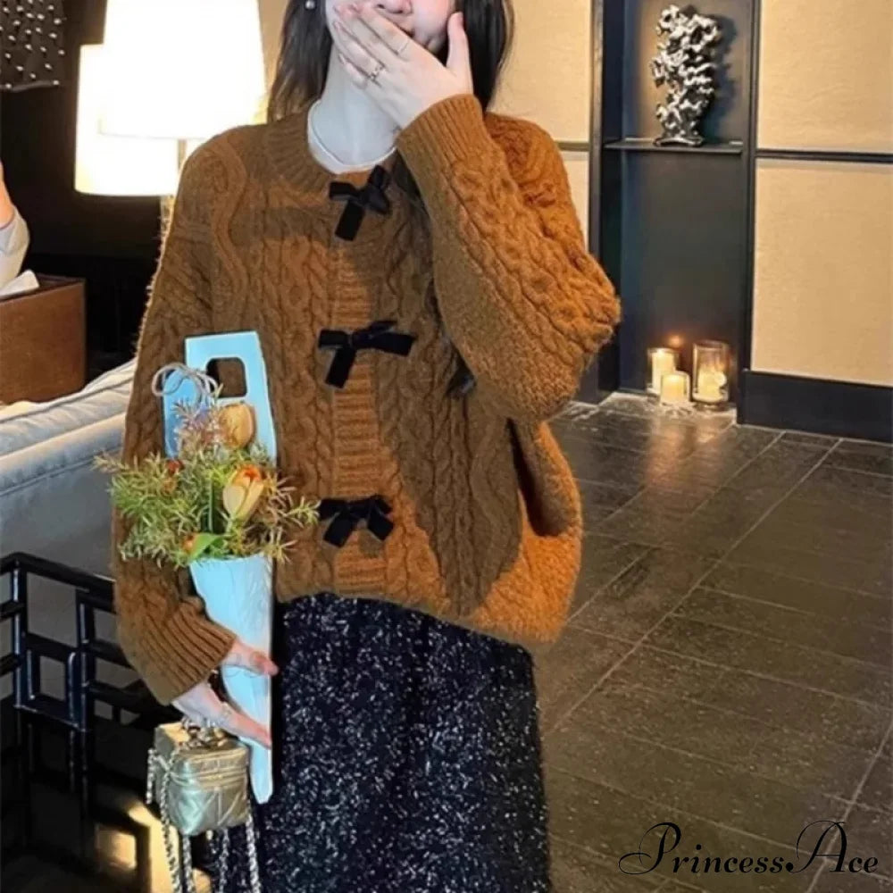 Bow Sweater Autumn Winter Knit Cardigan Brown / One Size Cardigan-241208