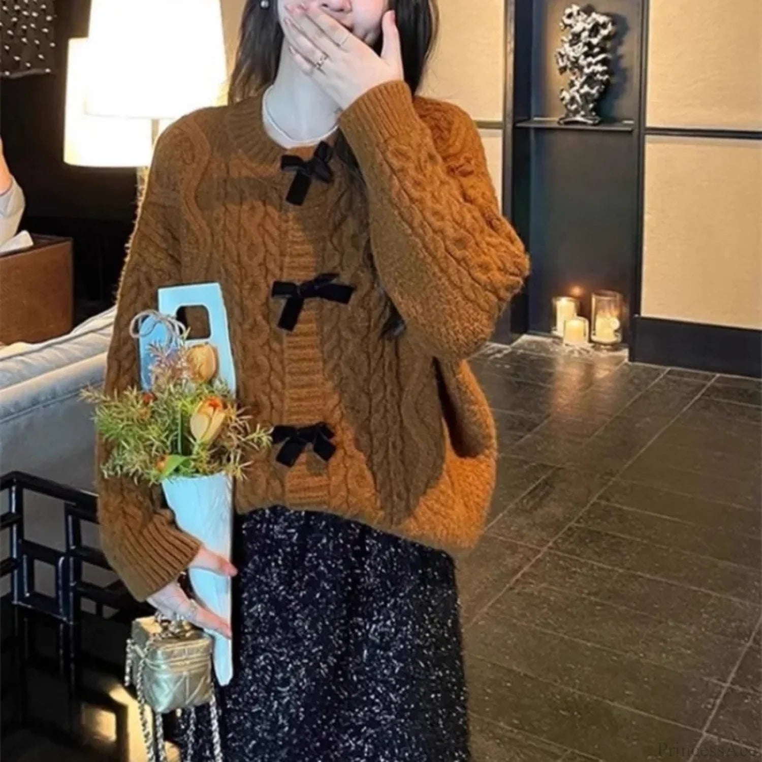 Bow Sweater Autumn Winter Knit Cardigan Brown / One Size Cardigan-241208