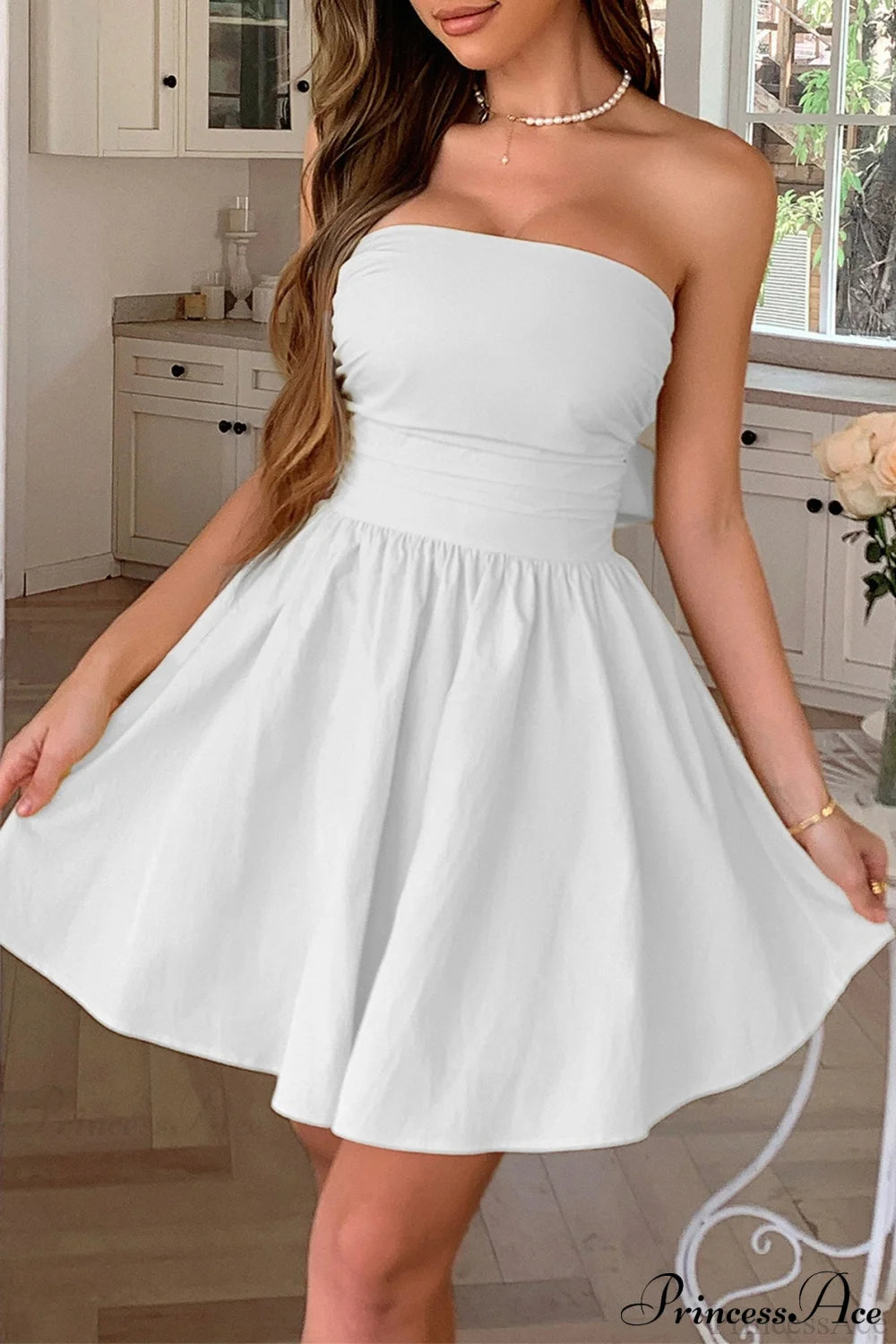 Bow Tie Elegant Ladylike Strapless Party Dress White / S