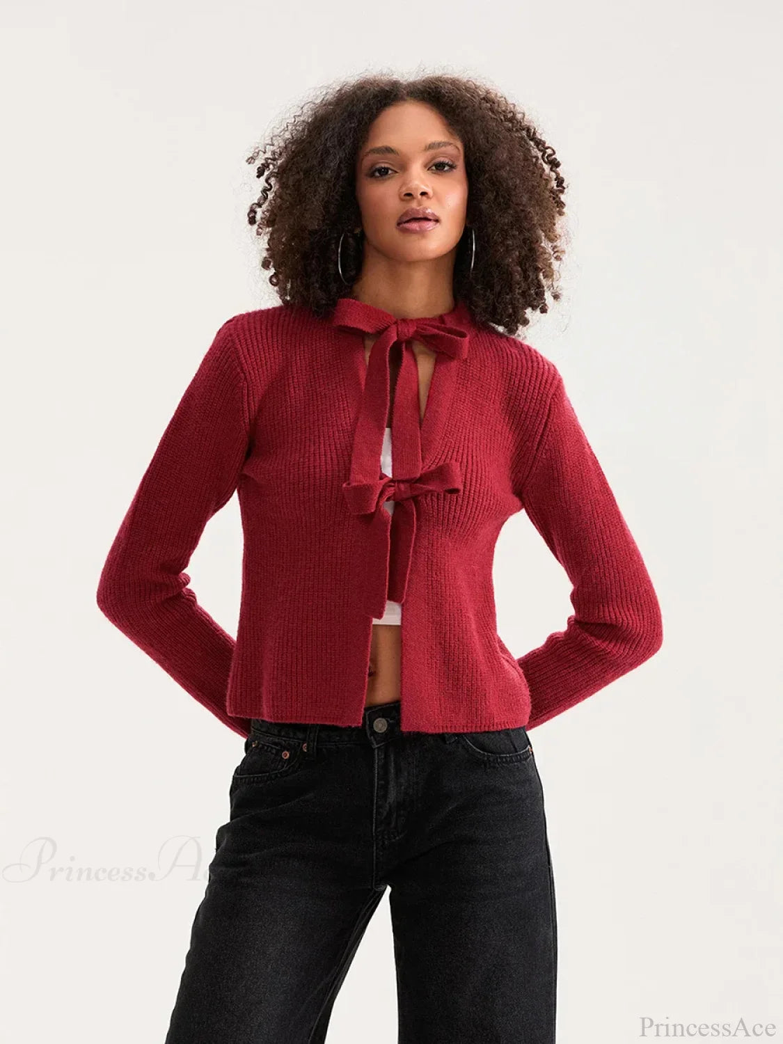 Bow Tie Front Crew Neck Knit Cardigan