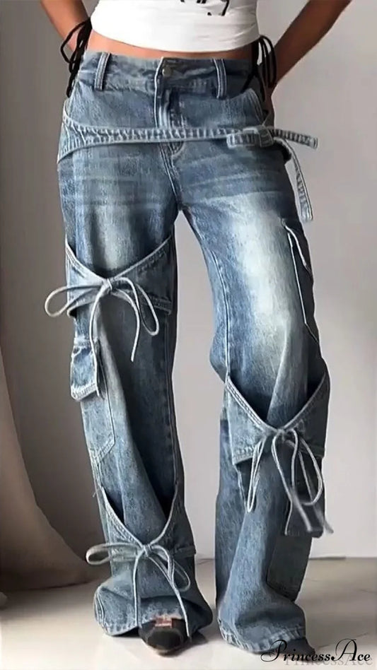 Bow Tie Strap Wide Leg Jeans Blue / XS