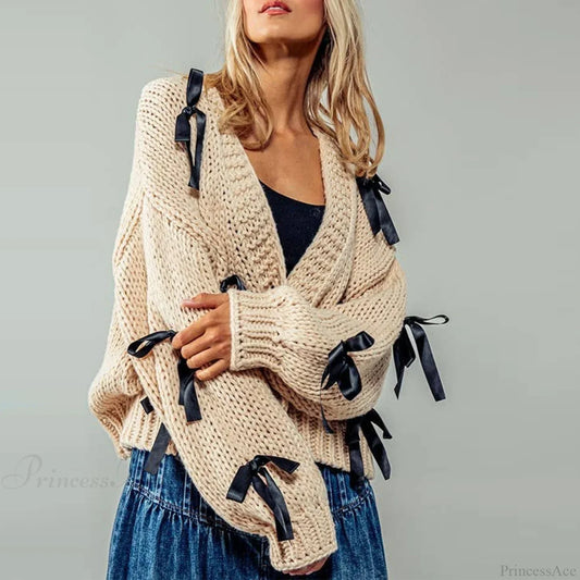 Bow Trim Button Down Cardigan Cardigan-241208