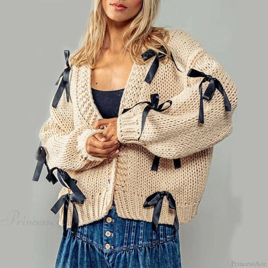 Bow Trim Button Down Cardigan Beige / S Cardigan-241208