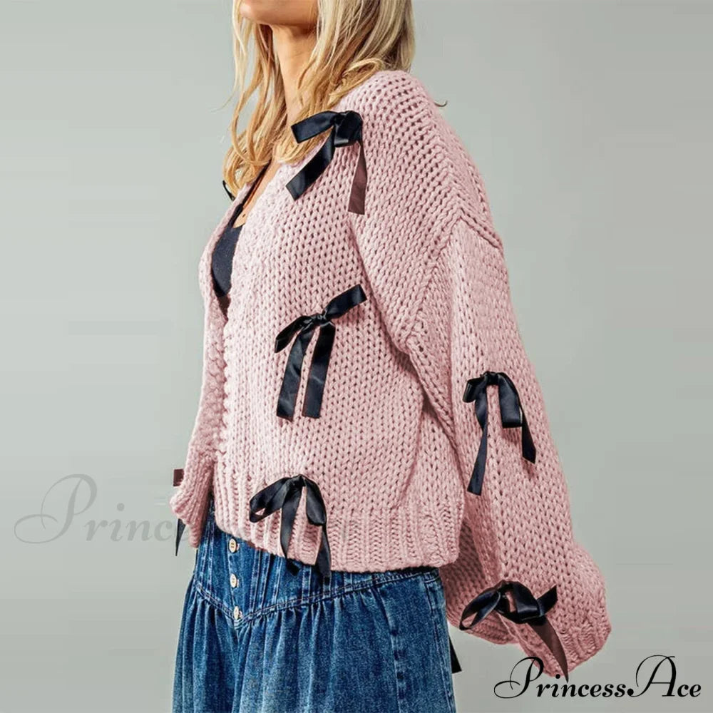 Bow Trim Button Down Cardigan Pink / S Cardigan-241208