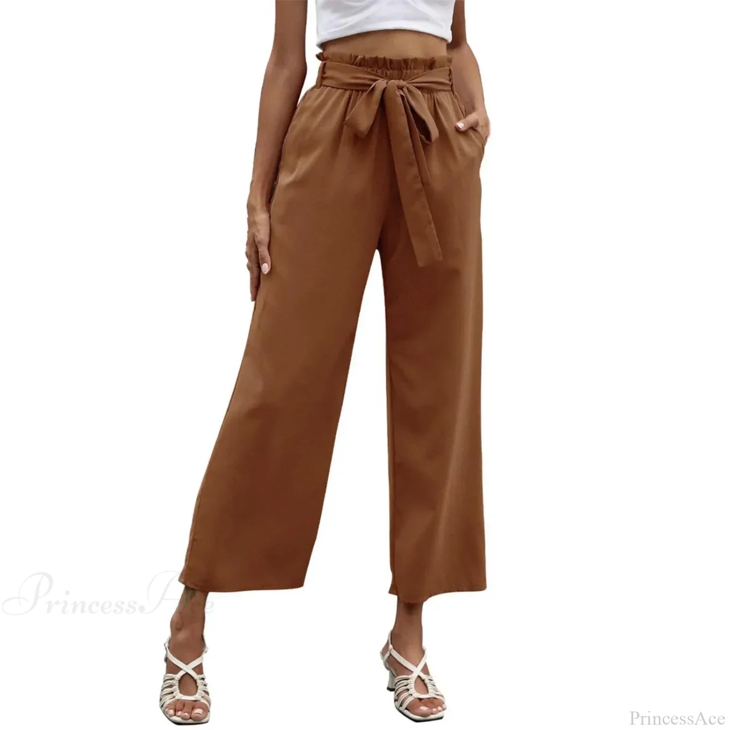 Bow Waistband Pleated Cotton Linen Pants Coffee / S