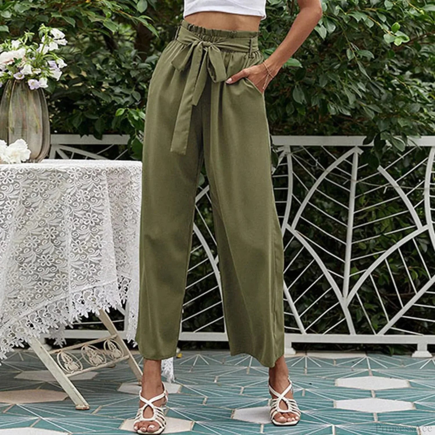 Bow Waistband Pleated Cotton Linen Pants green 2 / S