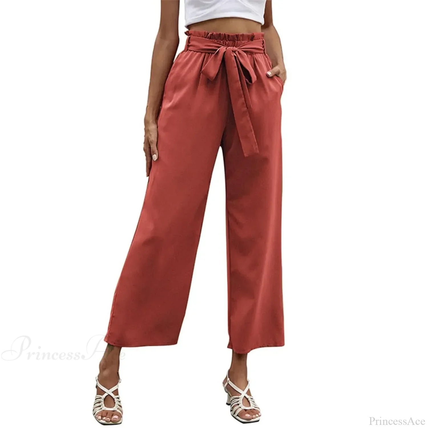 Bow Waistband Pleated Cotton Linen Pants Red / S