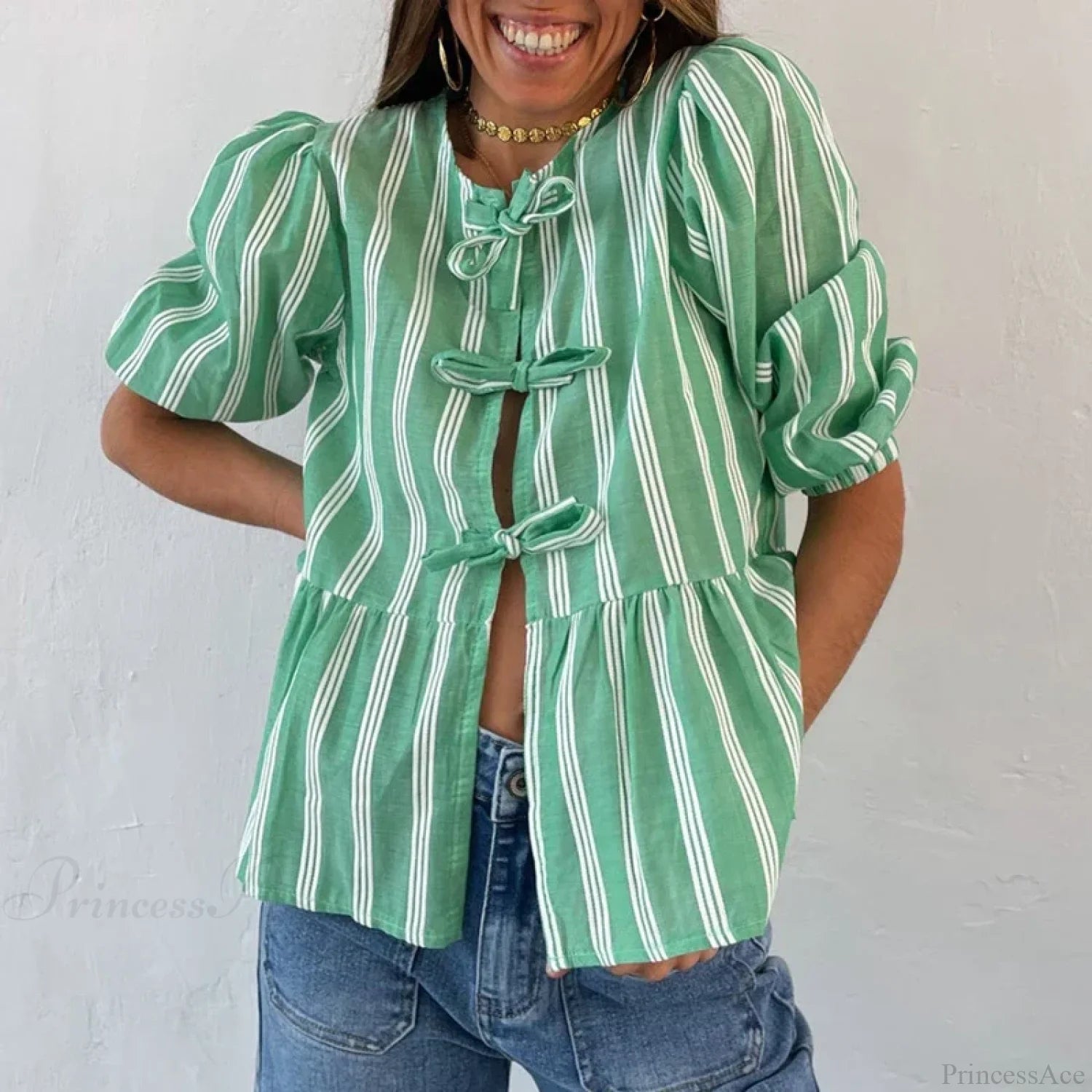 Bowknot Front Hollow Out Vintage Ruffles Puff Sleeve Elegant Sweet Y2K Crop Top Green / S croptop-250126