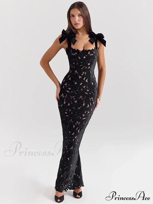 Bows Lace Sexy Maxi Party Dress Black / S Partydress-241208