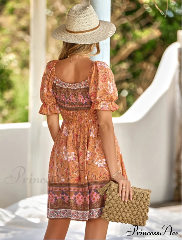 Boxy Patterned Warm-Season Bohemian Neckline Dress L / Orange