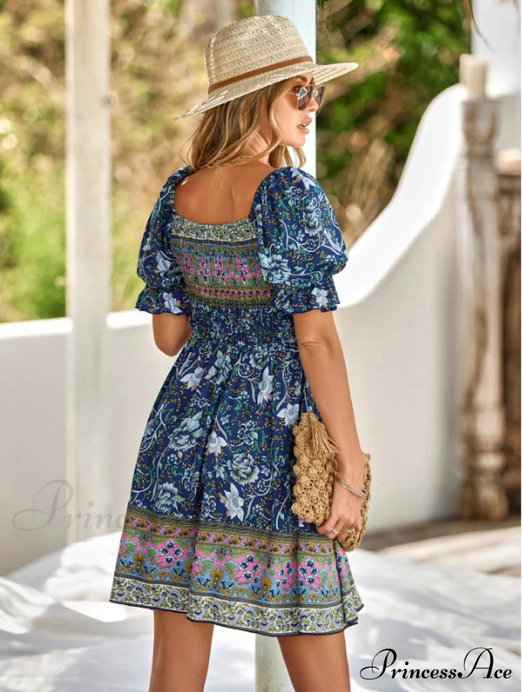 Boxy Patterned Warm-Season Bohemian Neckline Dress M / Yellow