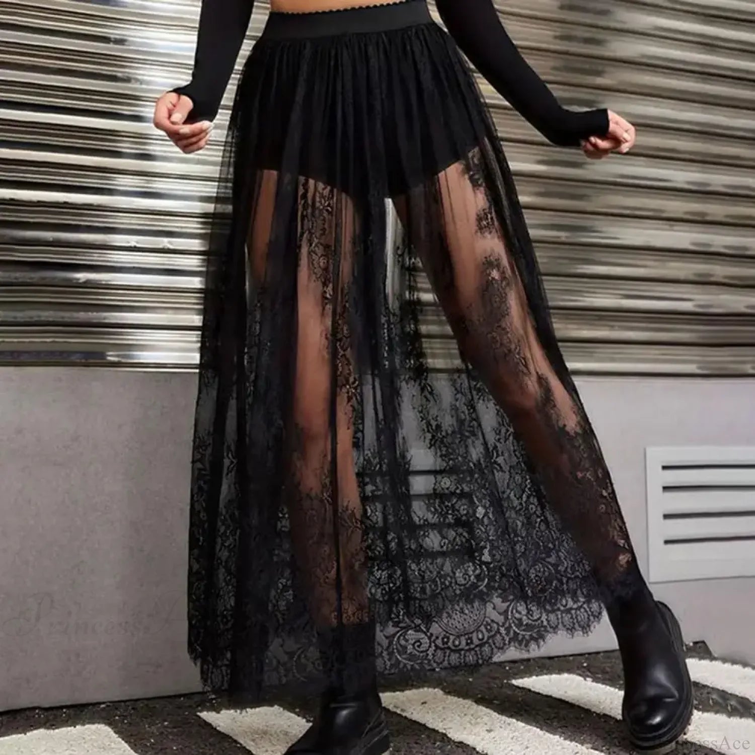 Breathable Plaid Mesh Maxi Skirt Dark Style Embroidery skirt-250126