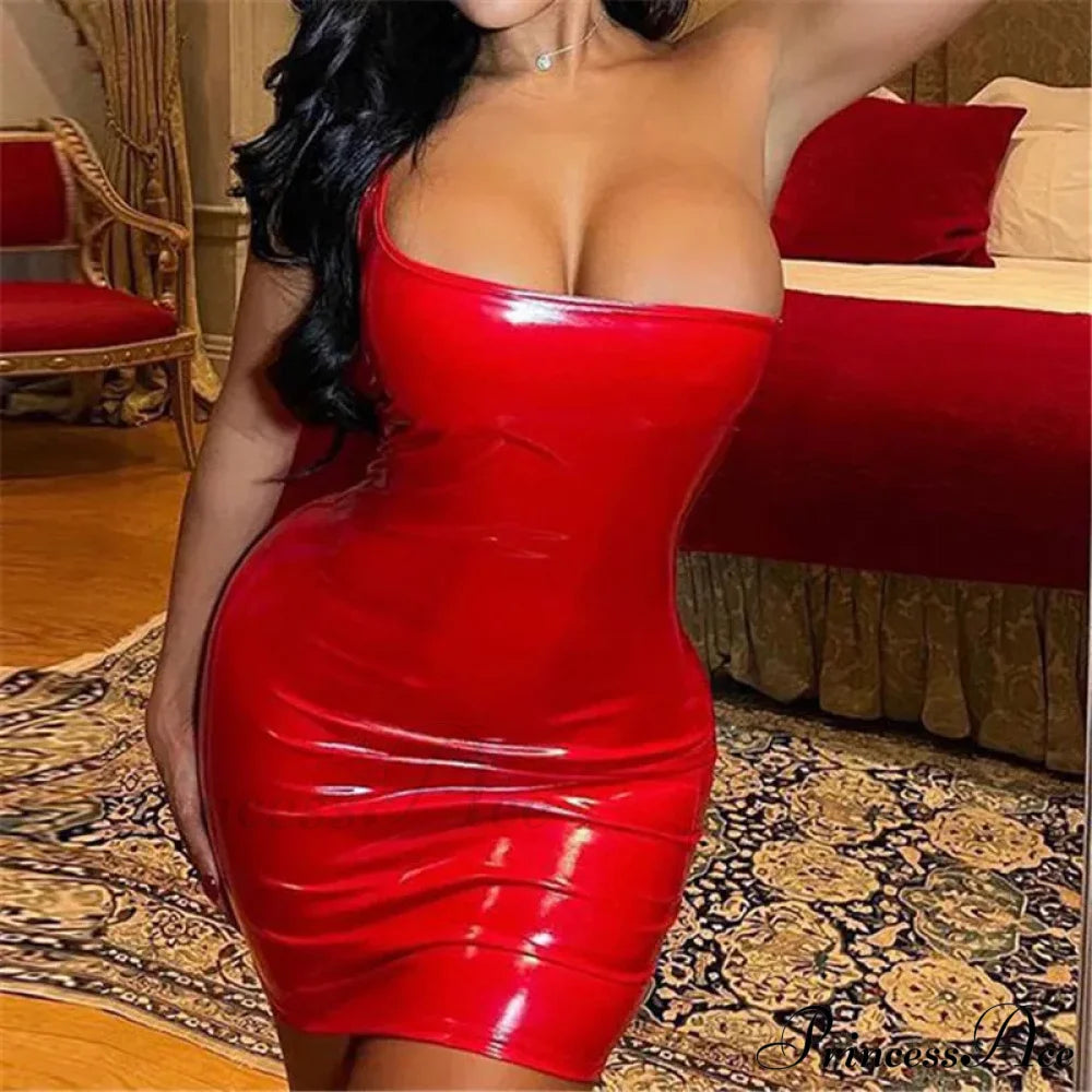 Bright Red Sexy Club One Shoulder Low Cut Tight Rave Festival Christmas Party Dress Dresses-L