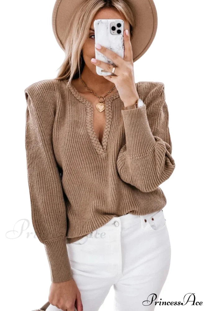 Brown Arm Long Notched Puff Knitted Braided Neckline V Top Tops