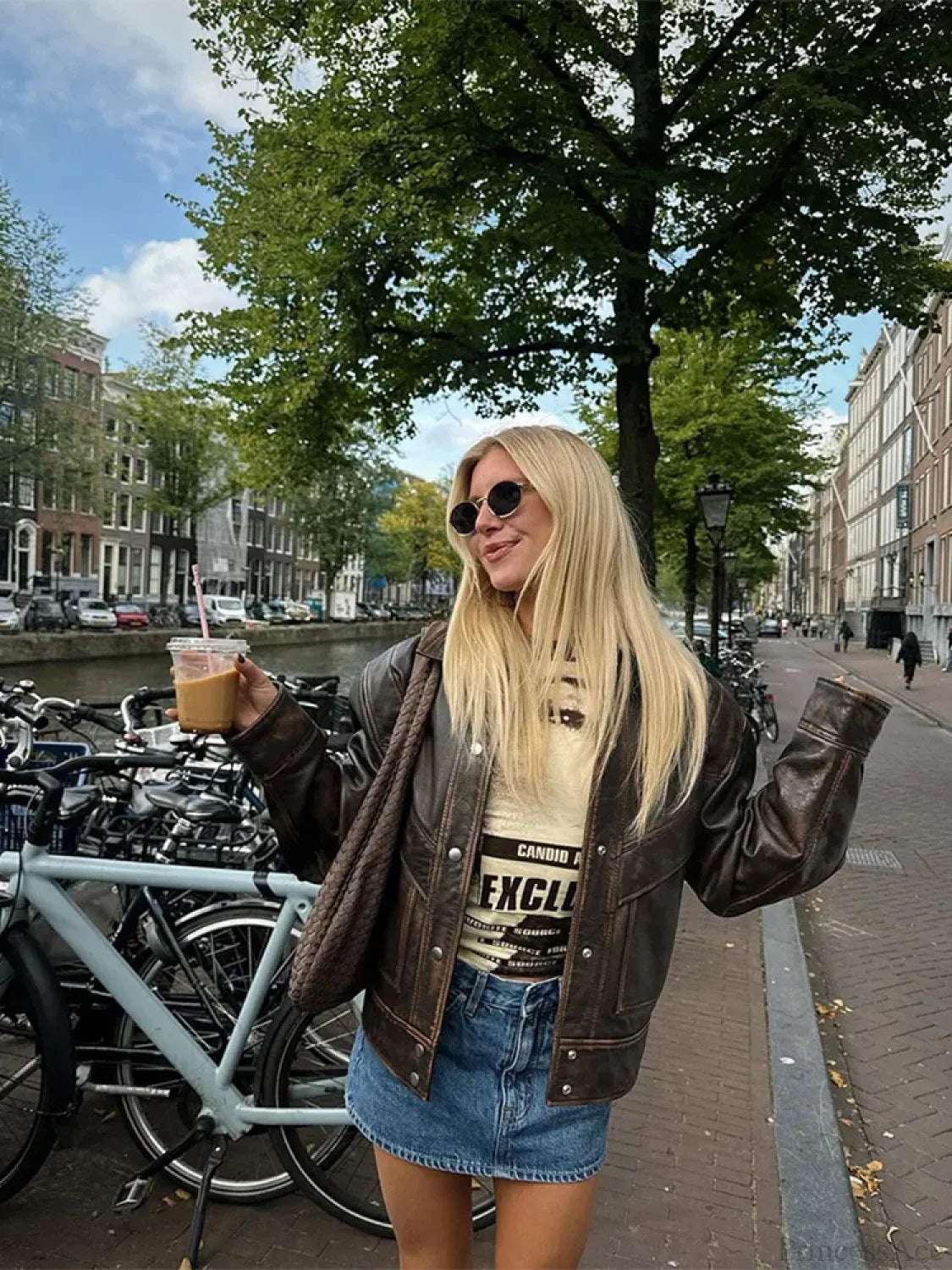 Brown Cropped Lapel Leather Coat dark brown / S