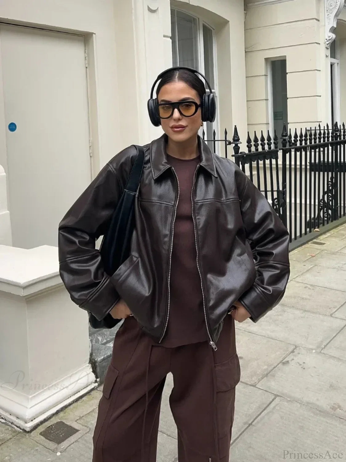 Brown Drawstring Tie Leather Coat