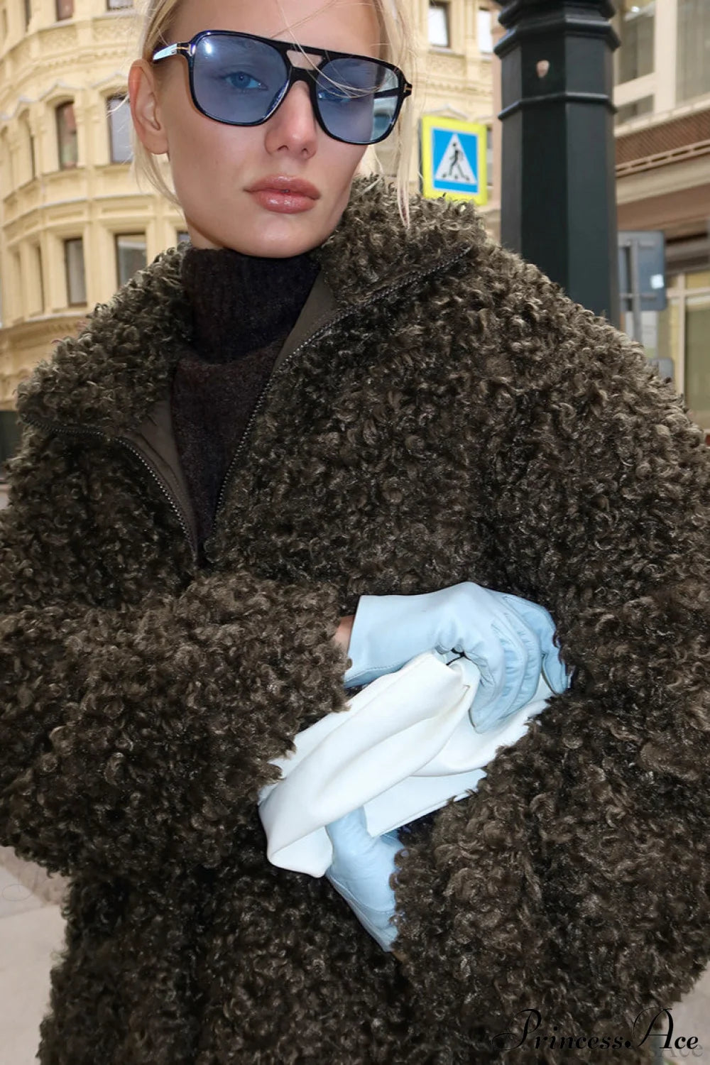 Brown Faux Fur Retro Thick Pullover Wool Coat