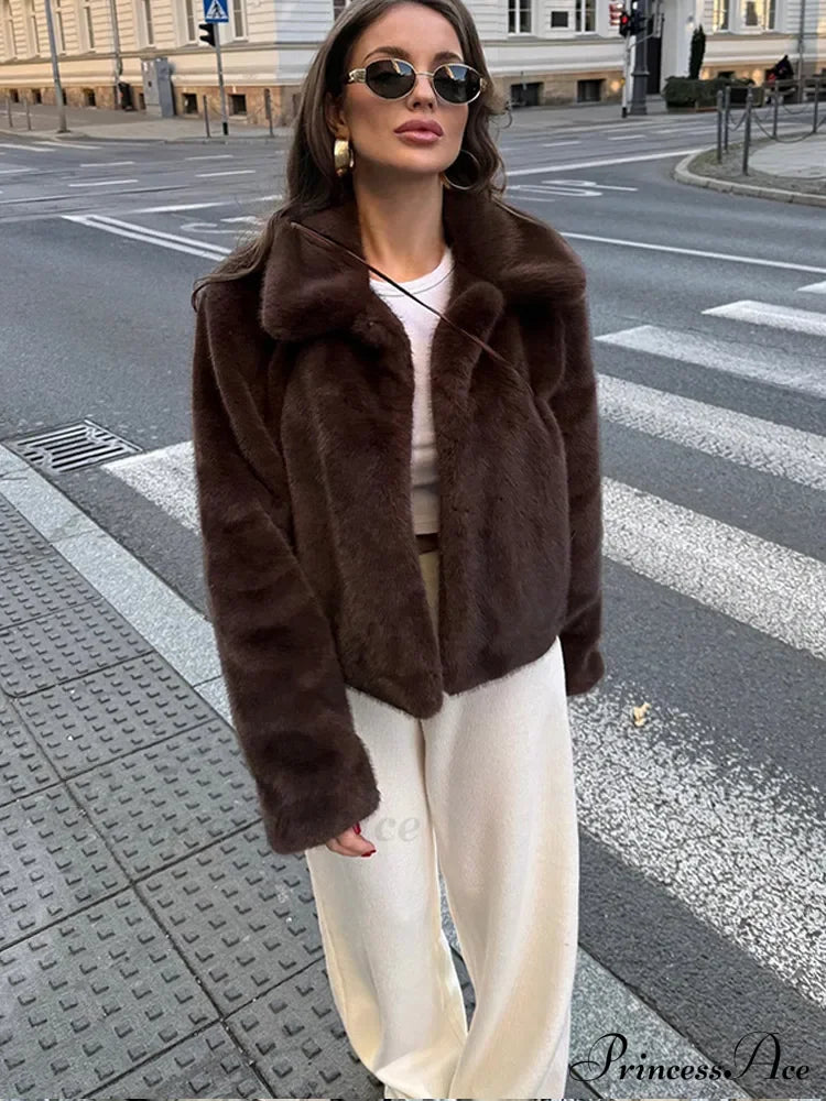 Brown Lapel Faux Fur Cropped Coat Coats-241208