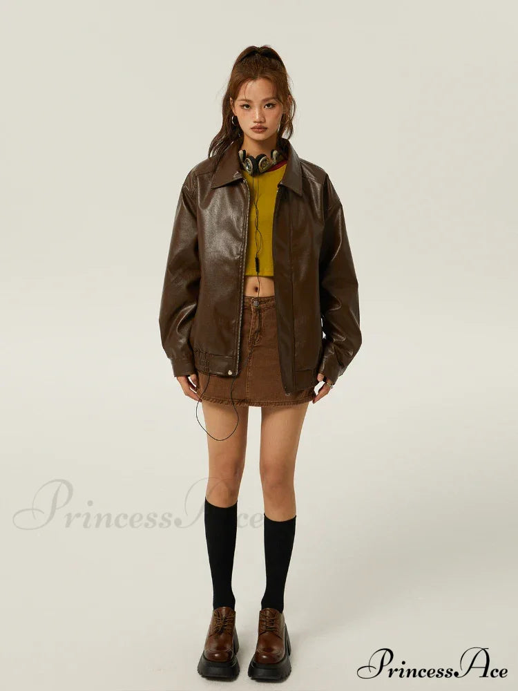 Brown Leather Polo Collar Three-Color Autumn Retro Casual Loose Jacket