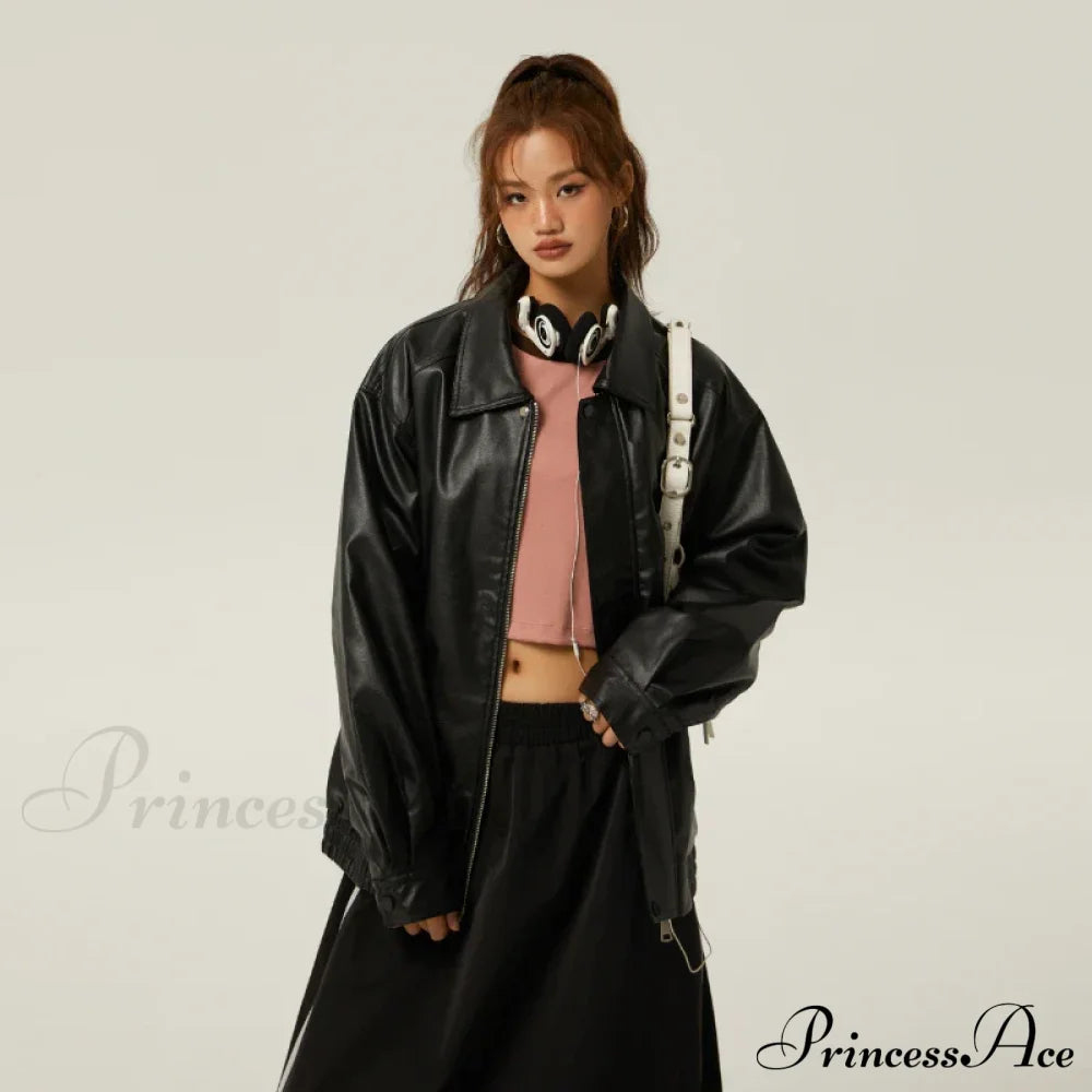 Brown Leather Polo Collar Three-Color Autumn Retro Casual Loose Jacket