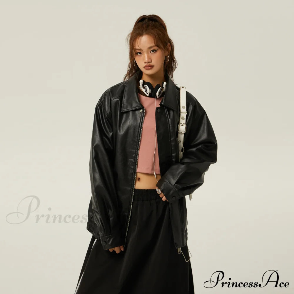 Brown Leather Polo Collar Three-Color Autumn Retro Casual Loose Jacket Black / S