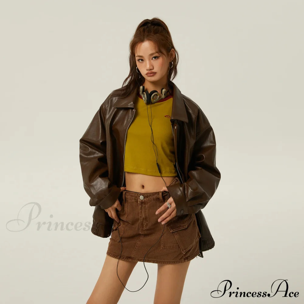 Brown Leather Polo Collar Three-Color Autumn Retro Casual Loose Jacket Brown / S