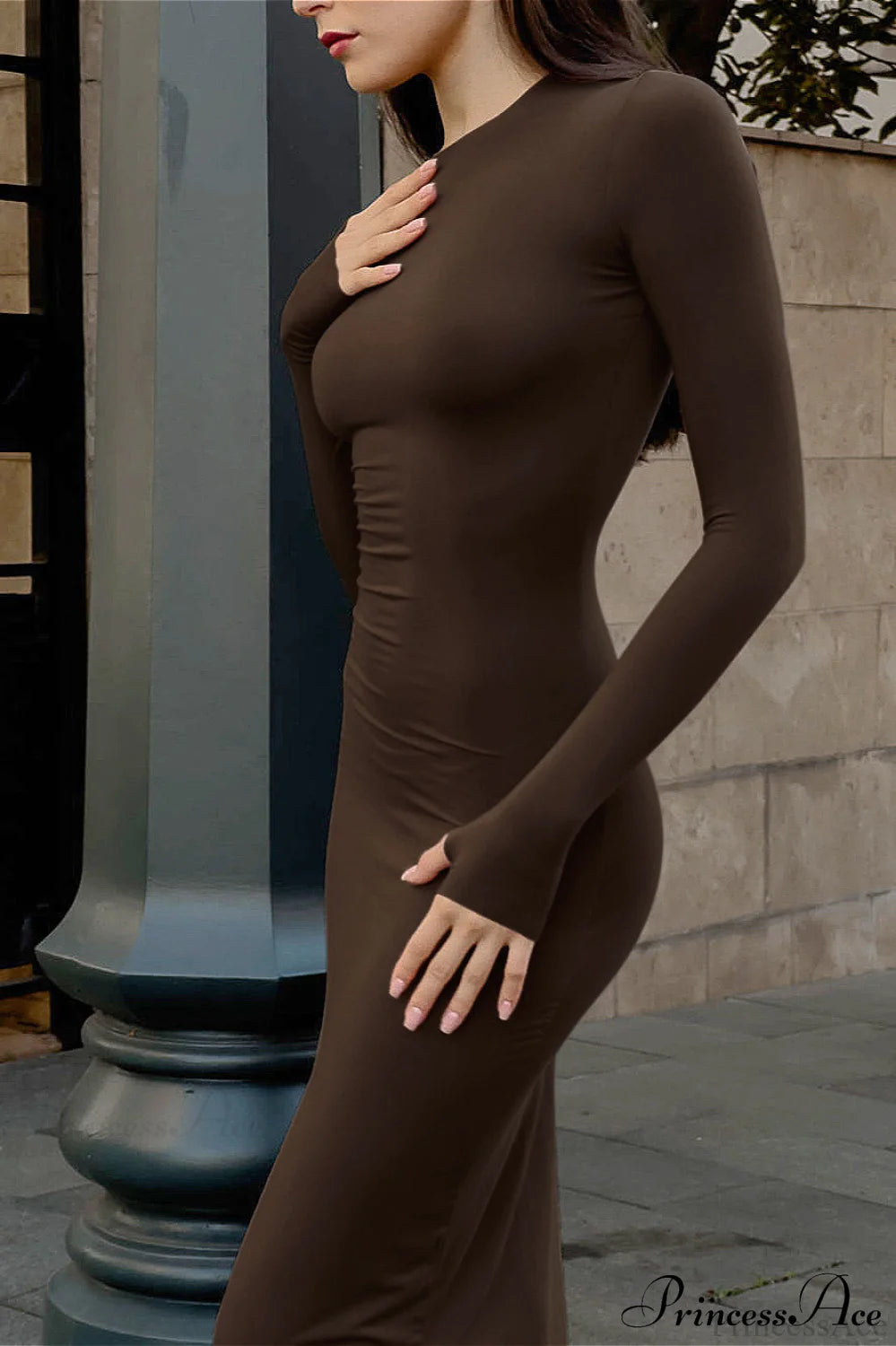 Brown Retro Knit Slim Pencil Commute Maxi Dress