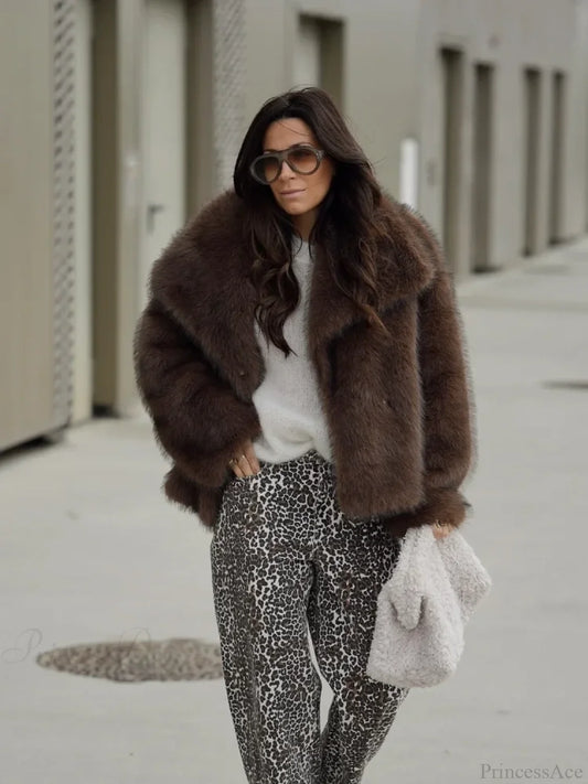 Brown Soft Fluffy Woolen Coat Brown / S