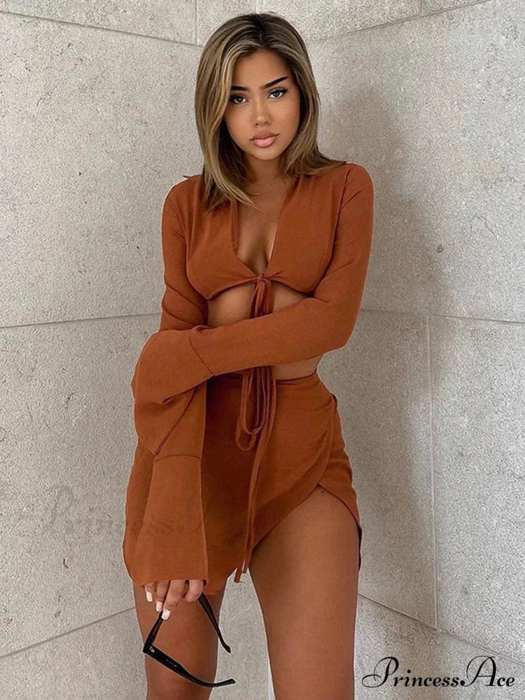 Brown Tie Front Top Skirt Sets Mini Dress