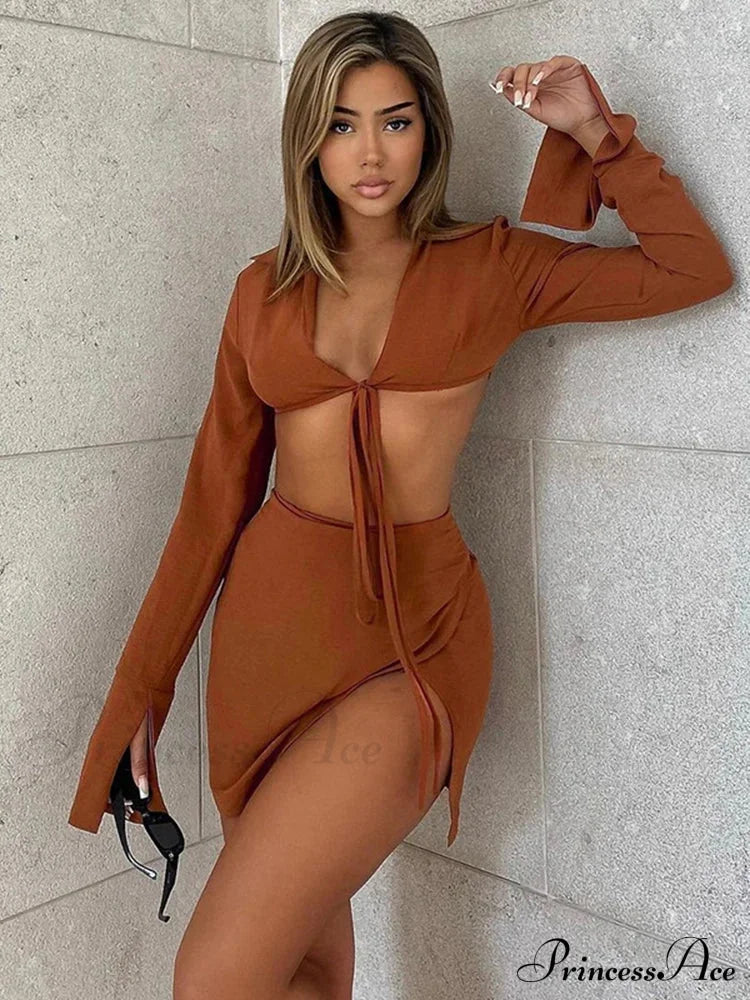 Brown Tie Front Top Skirt Sets Mini Dress