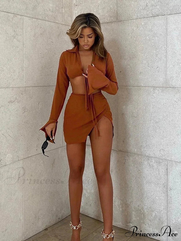 Brown Tie Front Top Skirt Sets Mini Dress