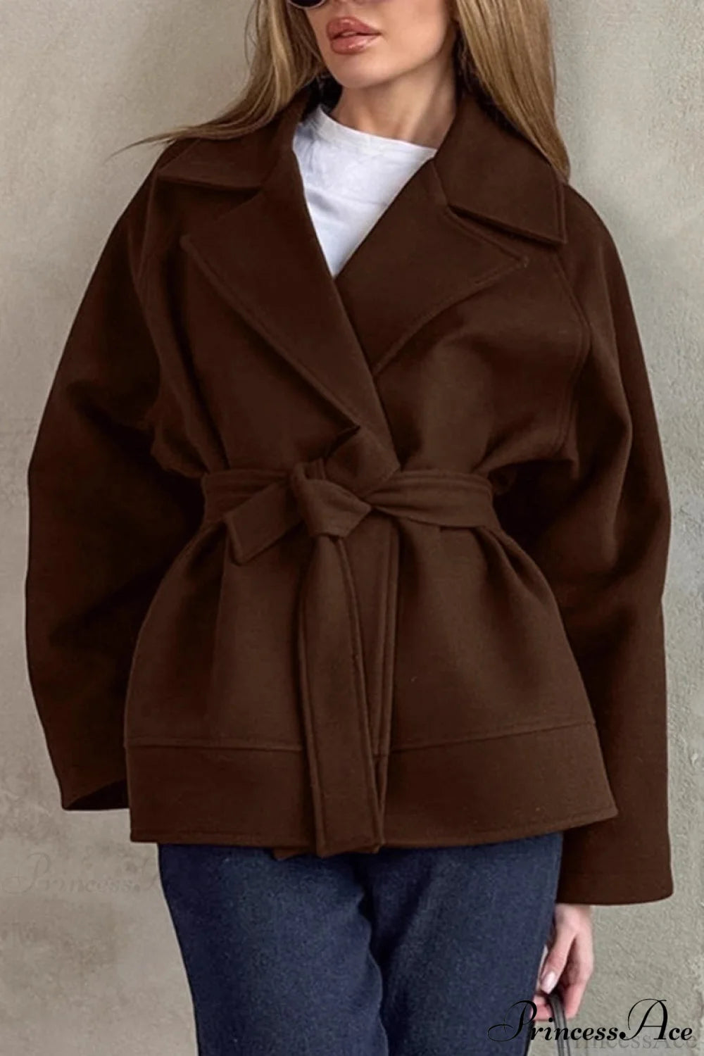 Brown Tie-Waist Wool Blend Loose Mid-Length Coat