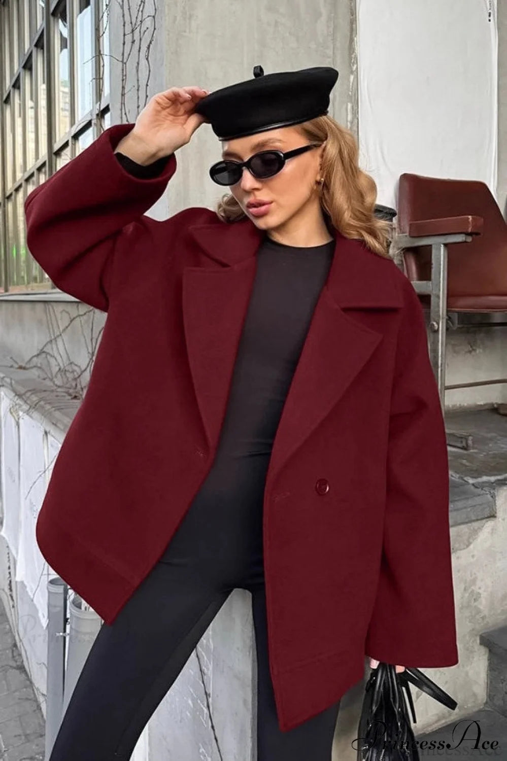Brown Tie-Waist Wool Blend Loose Mid-Length Coat Red / S