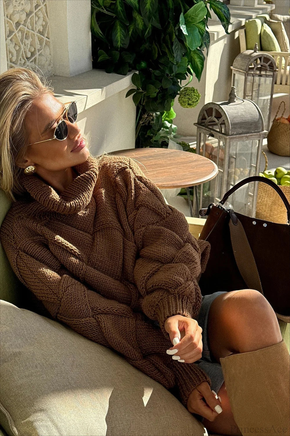 Brown Turtleneck Argyle Chic Cropped Sweater