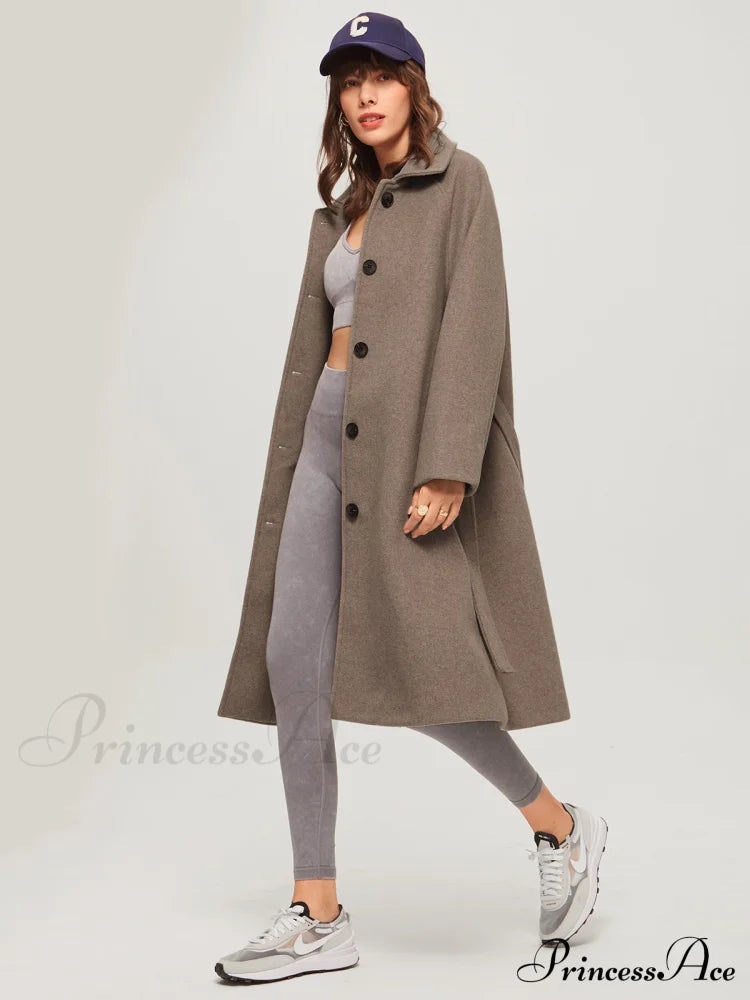 Brushed Belted Graceful Long Overcoat Khaki / Xs Coats-L