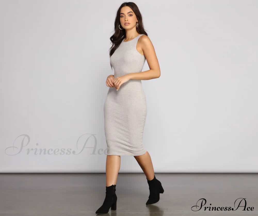 Brushed Knit Sleeveless Charming Crew Neck Midi Dress Sweaters-L