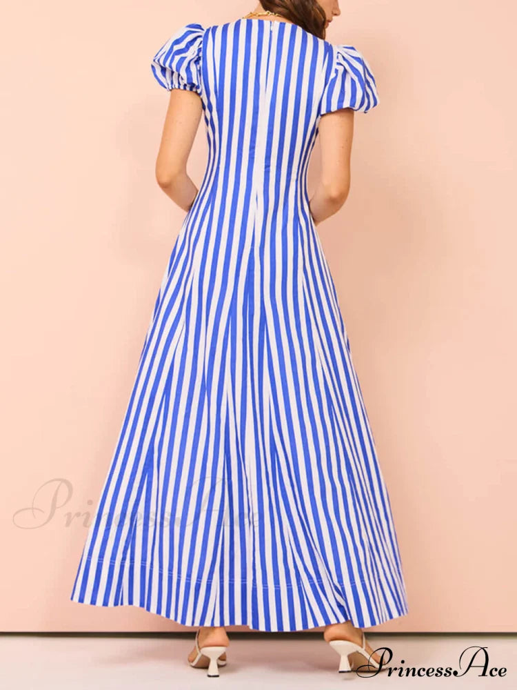 Bubble Sleeve In Charming Stripe Wavy Maxi Dress Dresses