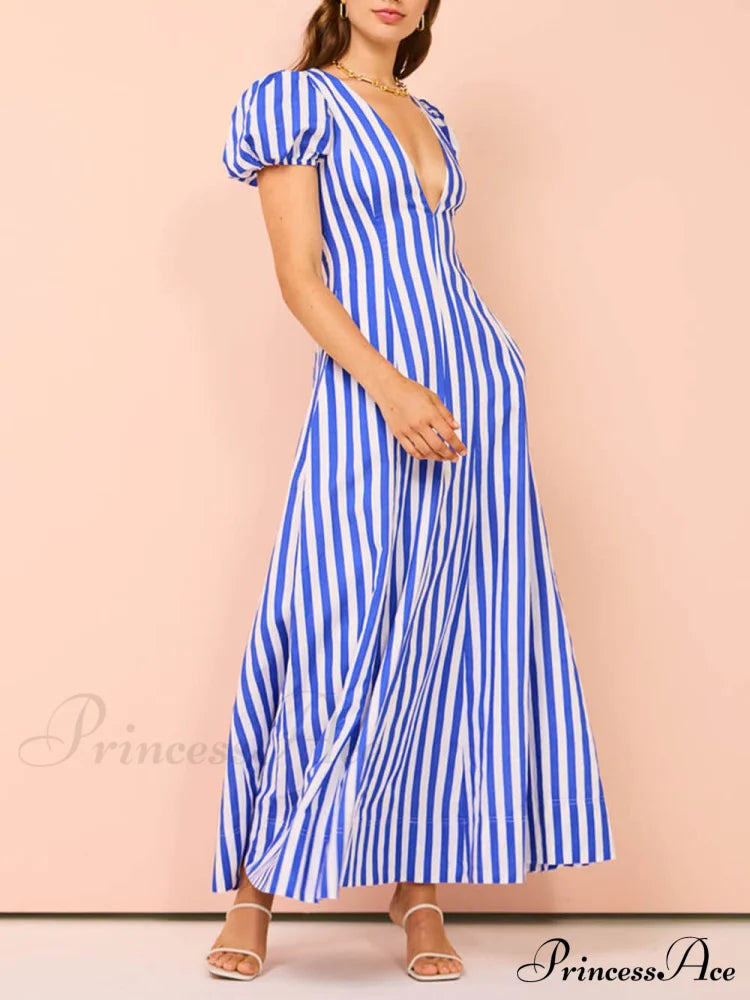 Bubble Sleeve In Charming Stripe Wavy Maxi Dress Dresses