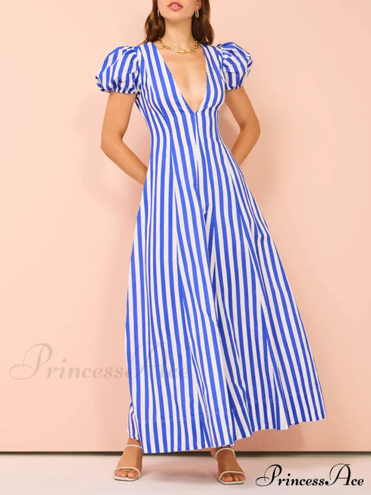 Bubble Sleeve In Charming Stripe Wavy Maxi Dress Dresses