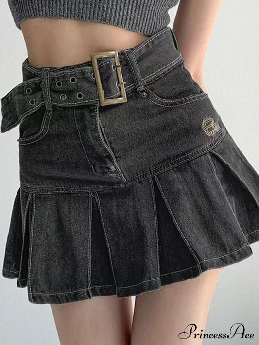 Buckle Belt Low Trendy Waist Denim Mini Skirt Black / S Skirts