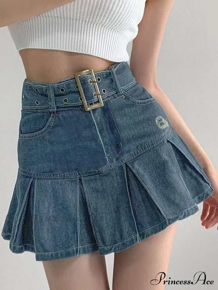 Buckle Belt Low Trendy Waist Denim Mini Skirt Blue / S Skirts