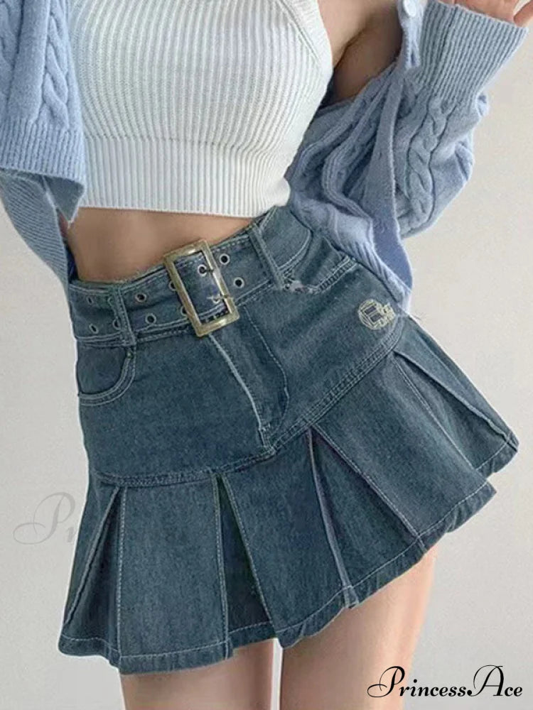 Buckle Belt Low Trendy Waist Denim Mini Skirt Skirts