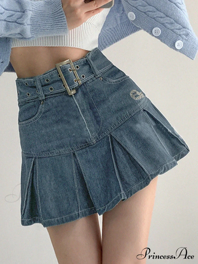 Buckle Belt Low Trendy Waist Denim Mini Skirt Skirts