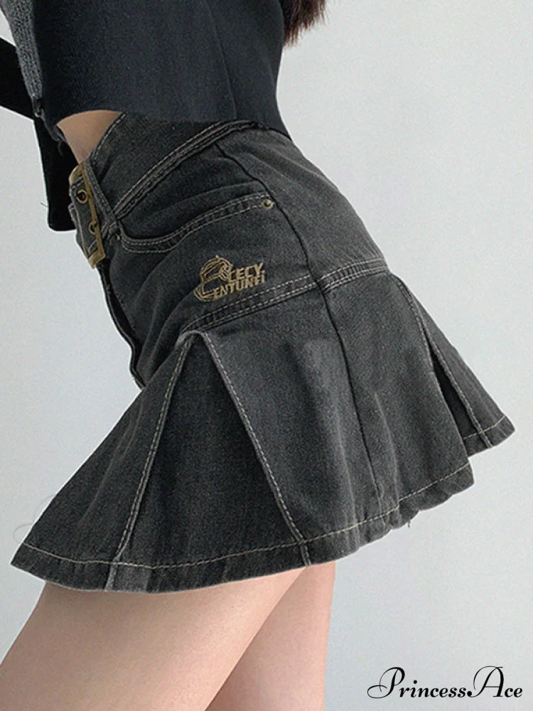 Buckle Belt Low Trendy Waist Denim Mini Skirt Skirts